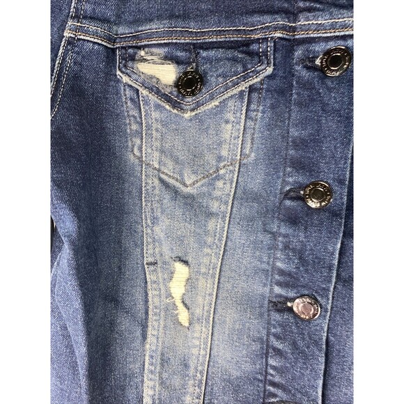 new Mavi crop Jean jacket denim distressed grunge moto biker  S Stretchy y2k 90s - Picture 4 of 8